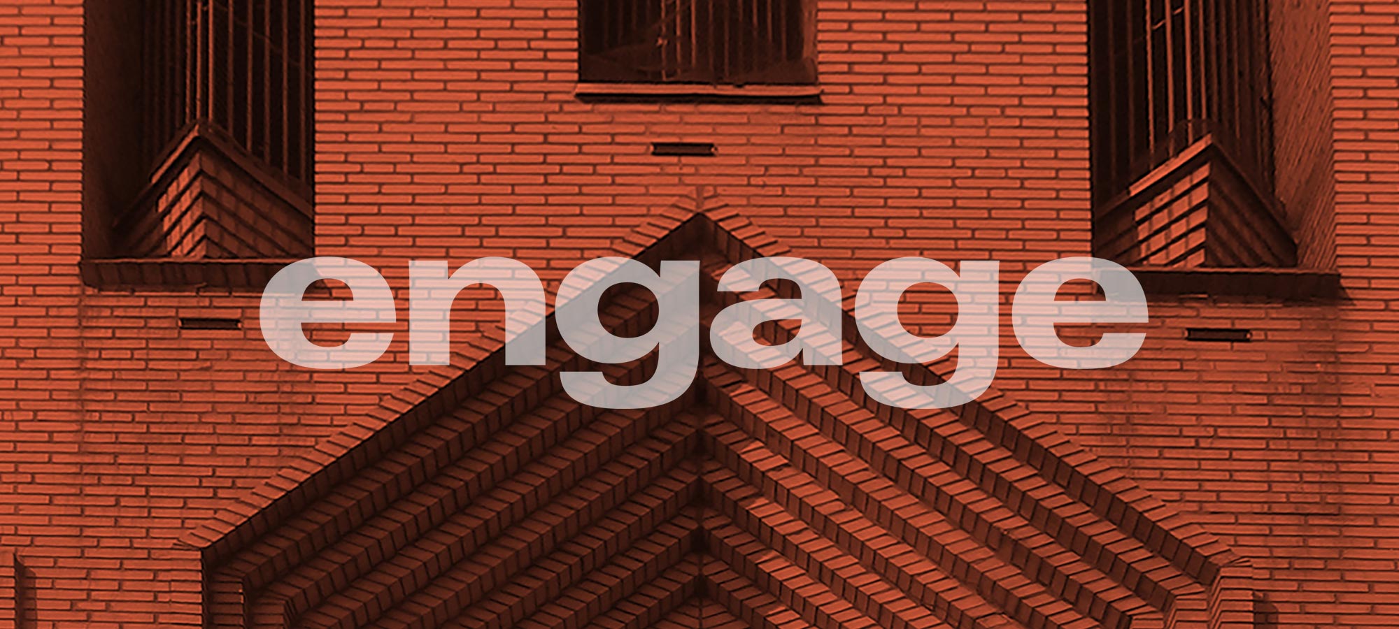 Text that reads ‘engage’ on orange-tinted photo of Art Deco building detail.